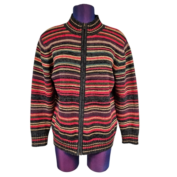 Tiara International Earth Tone Striped Full Zip Sweater Cardigan Size Small K64 - Picture 1 of 8
